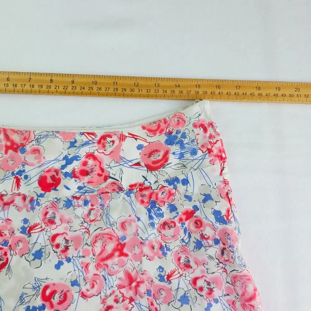 Floral A-Line Skirt Medium White Pink Blue Lace Trim Cottagecore Coquette Girly